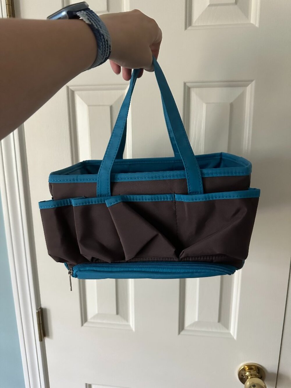 Brown and Blue Multi-Pocket Organizer Tote Bag